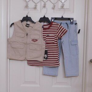 NWT 3pc Volcom Tan Vest Stripe Shirt & Cargo Jeans Set sz 4t